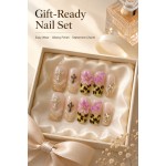 Retro Leopard Cross Charm Press‑On Nails, Nude Medium‑Long T‑Shape False Nails with 3D Pink Flower & Star AB Rhinestones